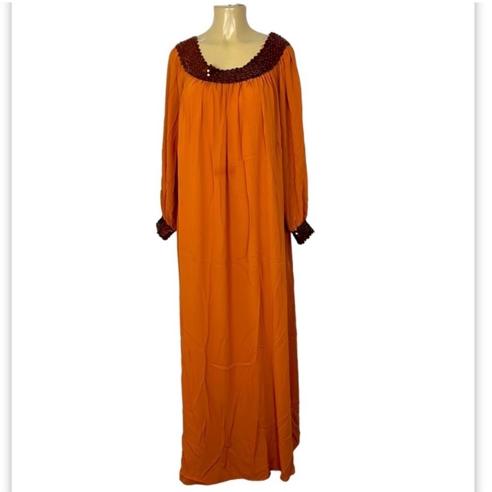 Vintage Lucie Ann Beverly Hills orange gown hostess maxi dress w/ sequins